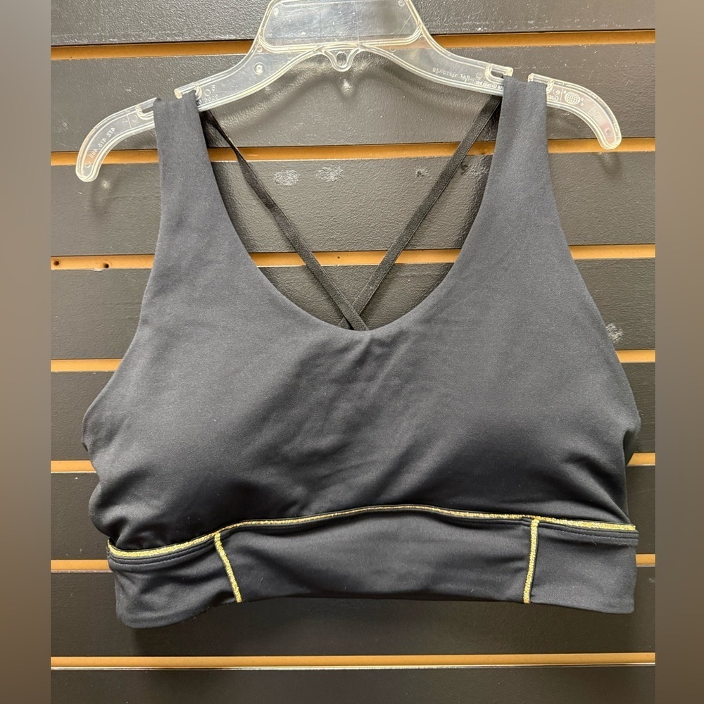 ZYIA Active Sports Bra XL Black Gold Stitching Strappy Back Supportive